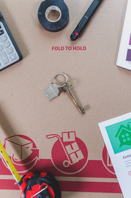 A close-up view of a flat surface related to house removals, featuring a cardboard packing mat with red printed instructions and icons. Visible objects include a silver house-shaped keyring with a sma